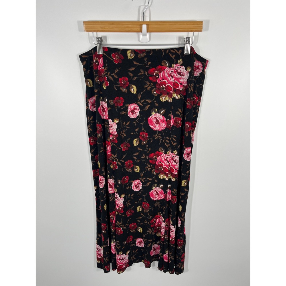 Womens Midi‎ Skirt L Black Floral Roses Garden Forest Fairy Whimsical Cottage